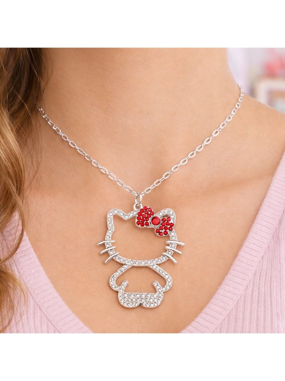 Hello Kitty Rhinestone Pendant Necklace – Sparkling Silver Charm Jewelry NWOT